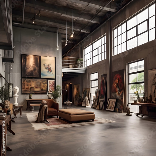 Artistic Industrial Loft  Blending industrial elements with creative art installations  making the space feel like a gallery within a loft. AI Generated