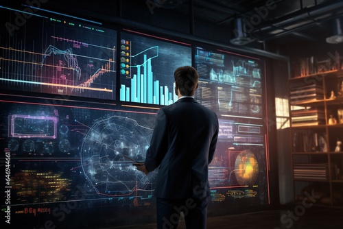 a man standing in front of a big futuristic display examining data information analytics chart