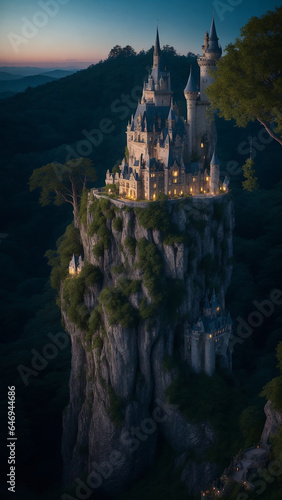 Magnificent and enchanting fairy-tale castle perched on a hilltop, surrounded by lush gardens - AI Generative © Being Imaginative
