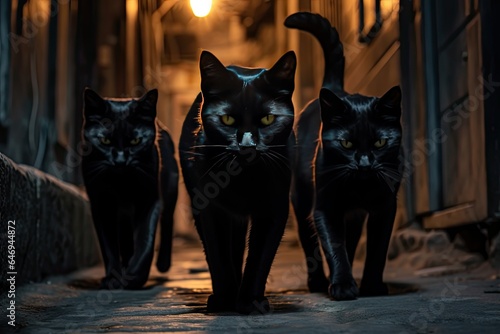 A gang of cat mafia walks down a dark street © Liaisan