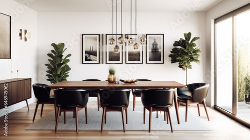 Interior design inspiration of Mid-Century Modern Scandinavian style home dining room loveliness decorated with Wood and Leather material and Statement Chandelier .Generative AI home interior design .