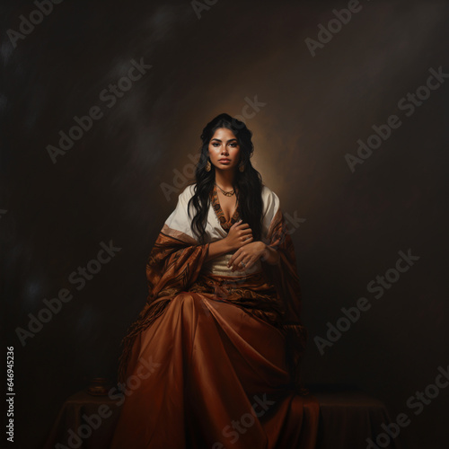 Mujer latina con piel morena sobre un fondo neutro color obscuro, rostro indigena y cara mexicana, cabello largo con manos entrelazadas 