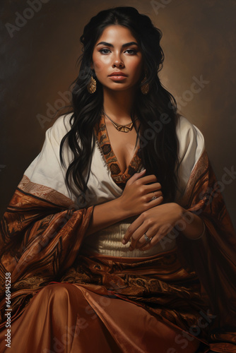 Mujer latina con piel morena sobre un fondo neutro color obscuro, rostro indigena y cara mexicana, cabello largo con manos entrelazadas 