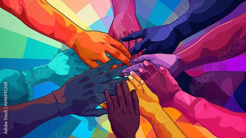 group of hands together to show equality and unity between genders and ethnicities © NesliHunFoto