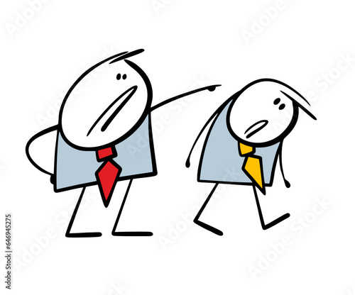 Disgruntled, strict boss businessman points his finger at the door, punishes the guilty employee. Vector illustration of a loser in the office.