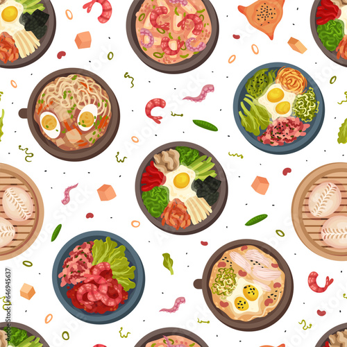 Korean Food Tasty Dish Seamless Pattern Design Vector Template