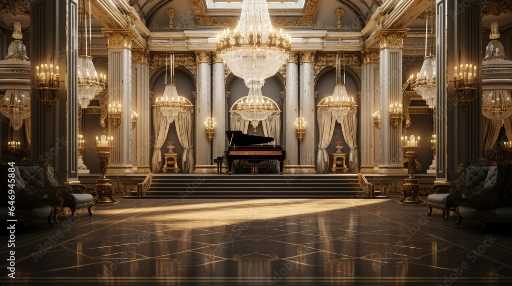 A grand piano in a fancy room with chandelier
