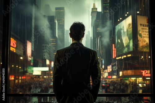 Corporate Chaos  Businessman Amidst New York City Destruction  generative ai
