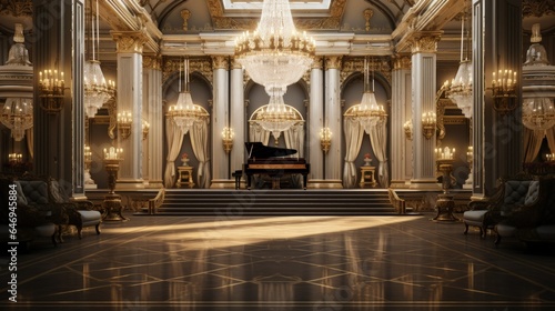 A grand piano in a fancy room with chandelier