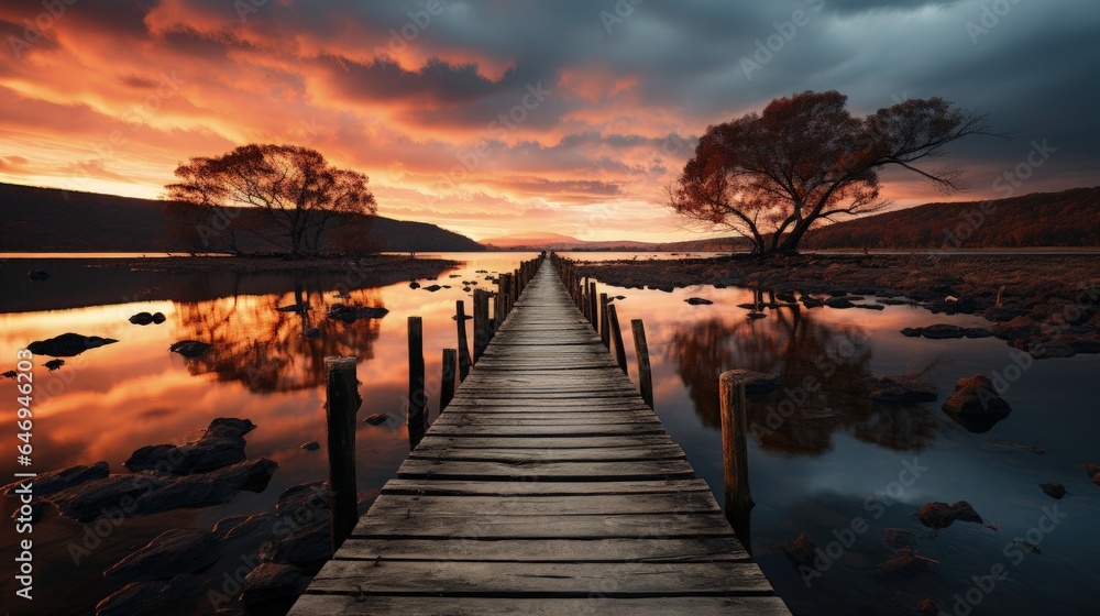 A wooden dock sitting on top of a lake under a cloudy sky