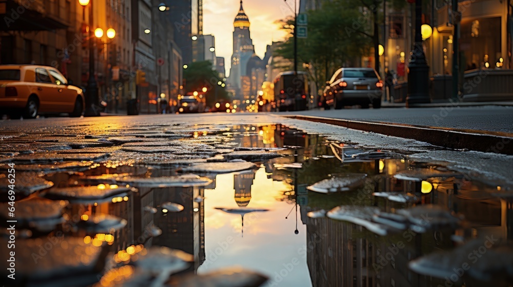 A city street with puddles of water on the ground A city street with puddles of water on the ground