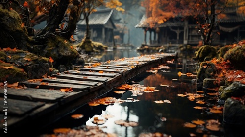 A small bridge to the village on the water and a forest full of autumn leaves around