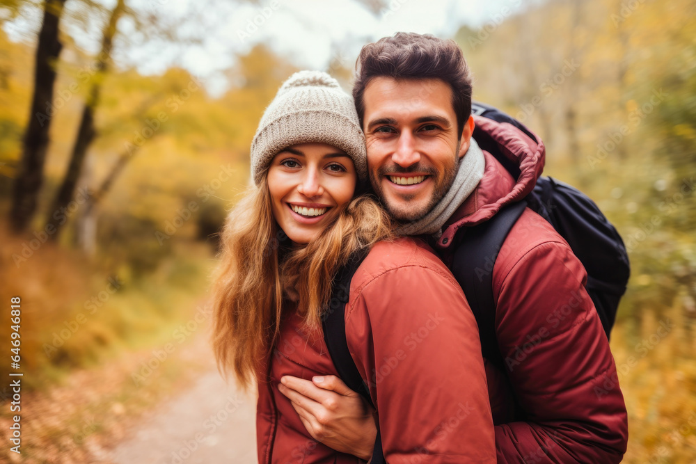 Happy couple piggybacking in a forest in autumn, showcasing love Happy couple piggybacking in a forest in autumn, showcasing love