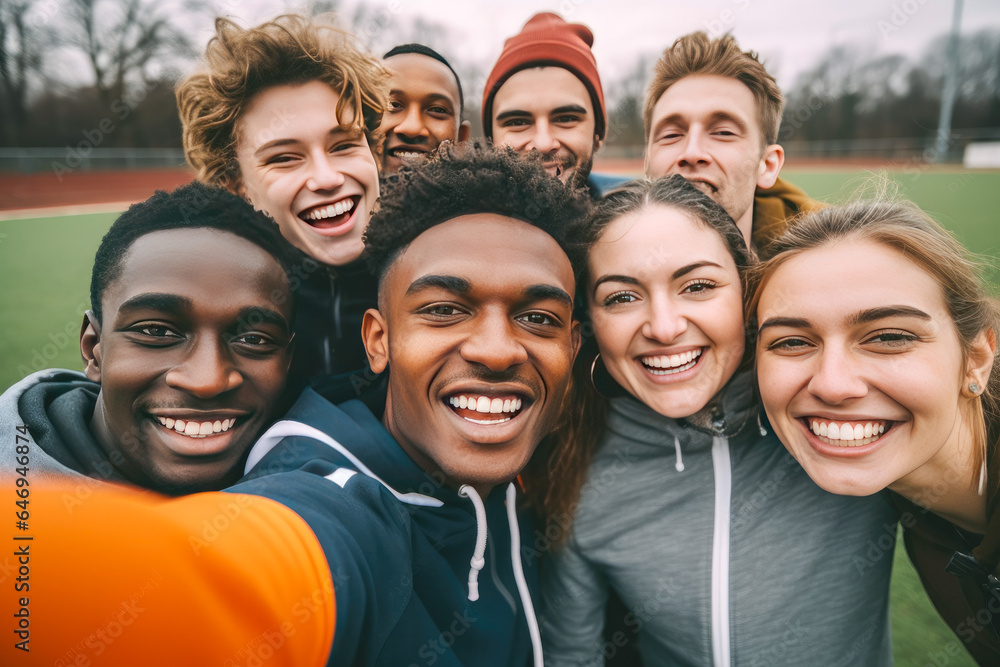 Happy diverse friends taking selfie on smartphone on sports ground Happy diverse friends taking selfie on smartphone on sports ground