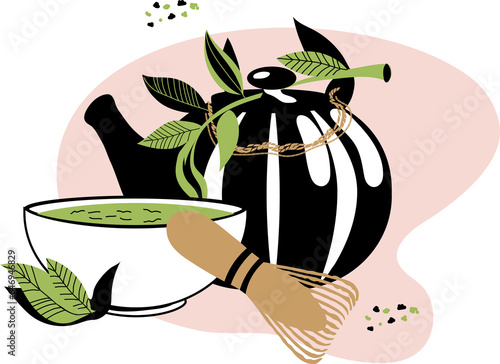 Matcha green tea leaves drink emblem or label design. Tools and utensils for brewing matcha tea.