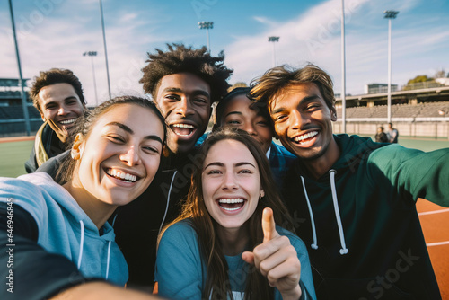 Happy diverse friends taking selfie on smartphone on sports ground