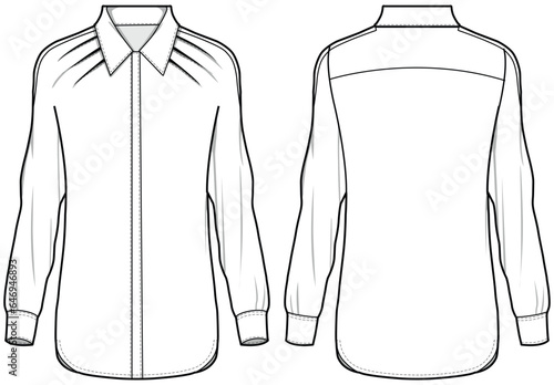 Women's formal Shirt Blouse flat sketch fashion illustration, Long sleeve formal shirt for girls and ladies template mock up
