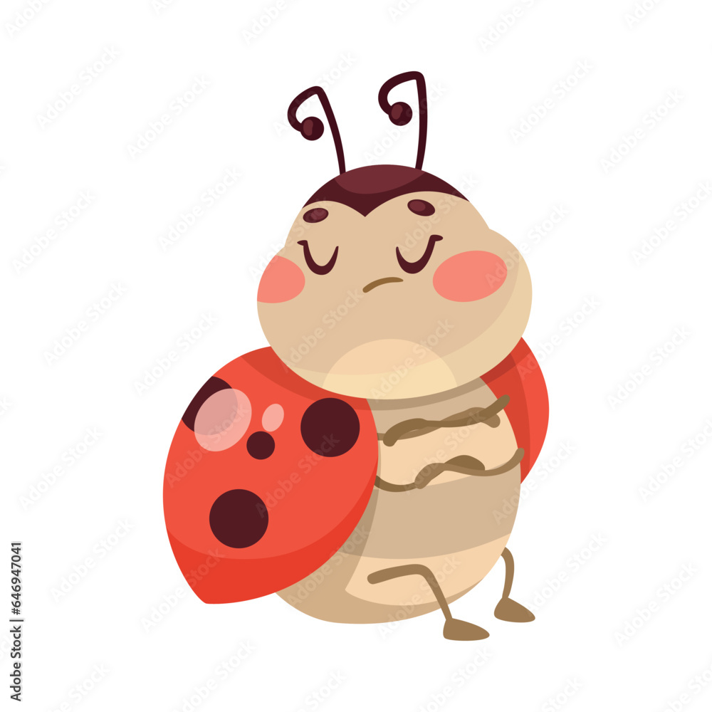 Cute Ladybug Character with Spotted Wings with Grumpy Face Sitting Vector Illustration Cute Ladybug Character with Spotted Wings with Grumpy Face Sitting Vector Illustration