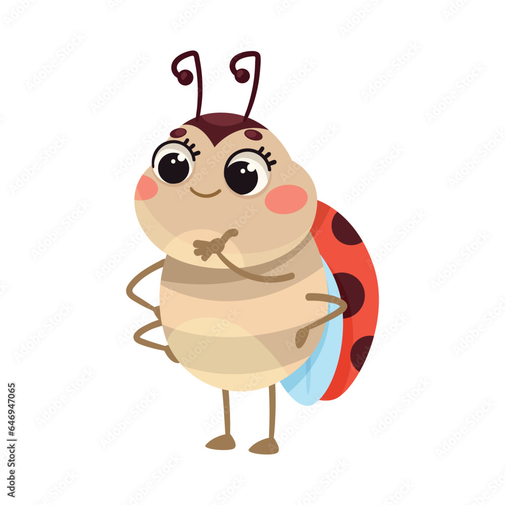 Cute Ladybug Character with Spotted Wings Standing and Thinking Vector Illustration Cute Ladybug Character with Spotted Wings Standing and Thinking Vector Illustration