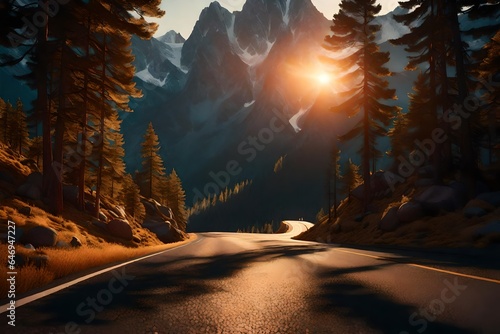 3D rendering of a scenic road winding through a dense forest at sunset. Showcase the interplay of golden sunlight, towering trees, and the road disappearing into the horizon