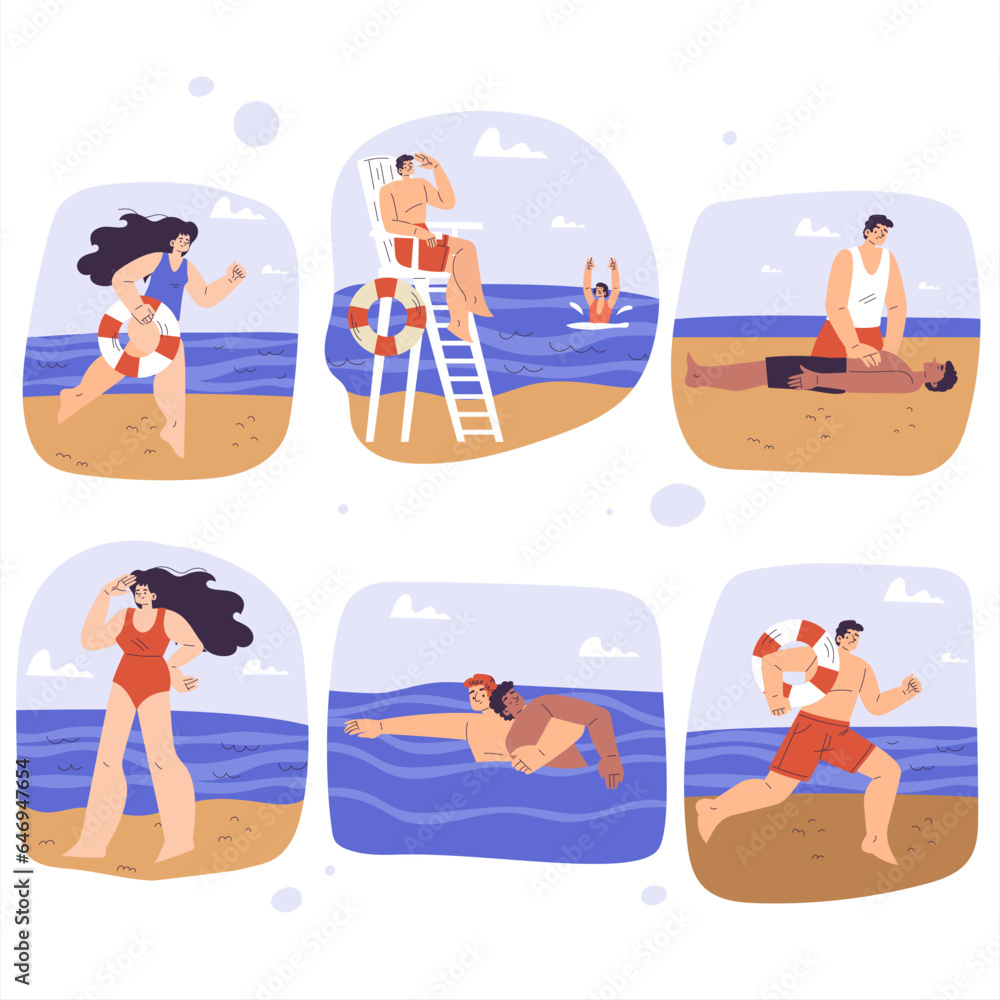 Beach Lifeguard Man and Woman Character Supervising and Rescue Vector Set