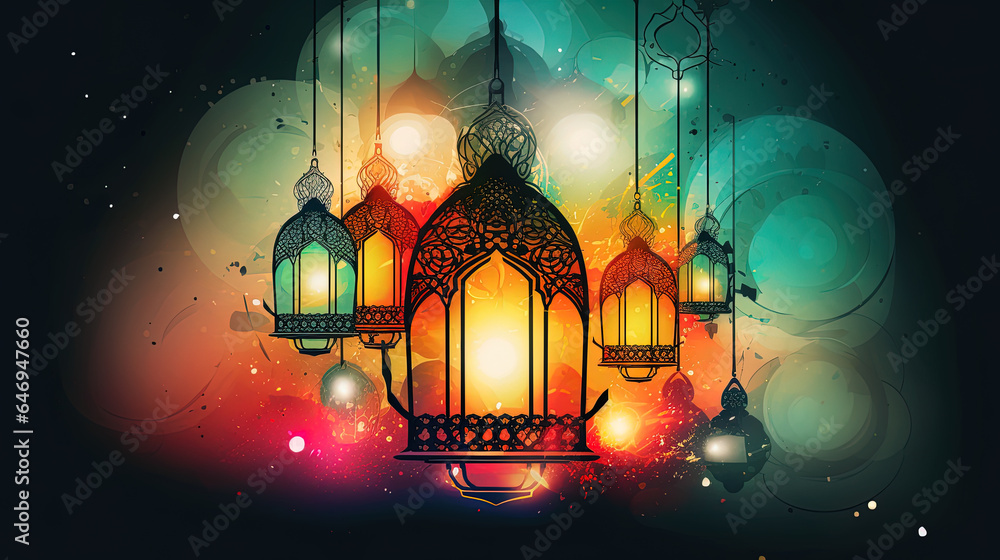 Image generated by AI. Drawing of a Ramadan arabic lantern in primary colors.