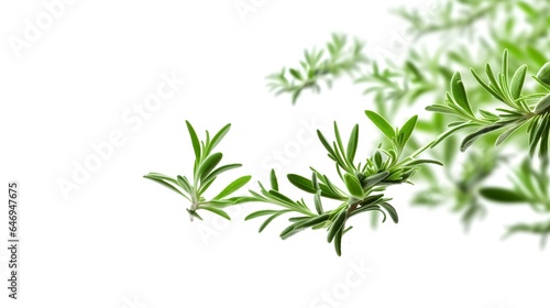Green aromatic herbs flying in the air, selective focus, white background