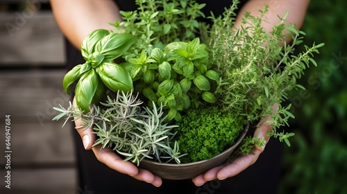 Green aromatic herbs in hands.