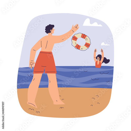 Man Beach Lifeguard Character Throw Lifebuoy to Woman Drowning in Water Vector Illustration