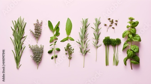Green aromatic herbs photo realistic flat lay pattern background.