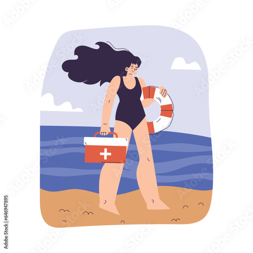 Woman Beach Lifeguard Character with First Aid Kit Box and Lifebuoy Vector Illustration