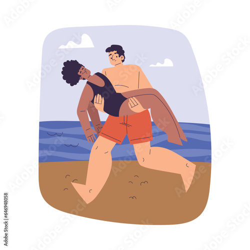 Man Beach Lifeguard Character Carry Woman Drowning in Water Vector Illustration