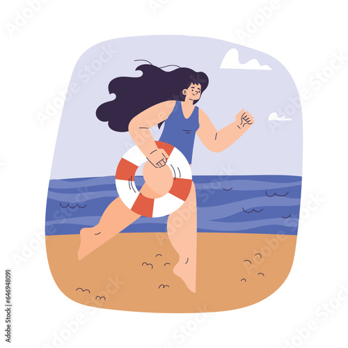 Woman Beach Lifeguard Character Run with Lifebuoy Vector Illustration