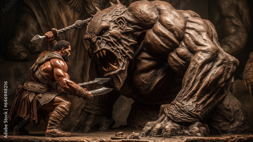 AI generated image. Epic battle between an ancient hero and a scary old giant. AI generated image. Epic battle between an ancient hero and a scary old giant.