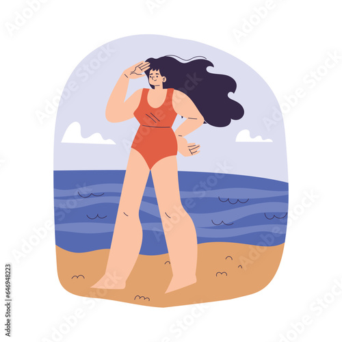 Woman Beach Lifeguard Character Watching and Looking Vector Illustration