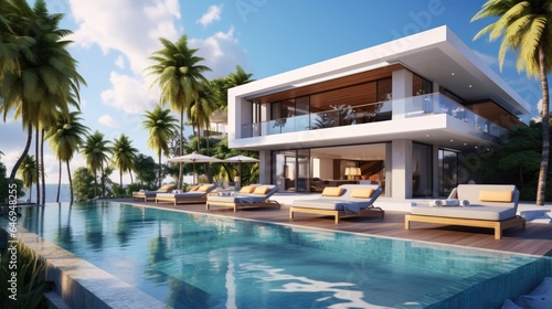 Contemporary seaside luxury villa with pool. © Vusal