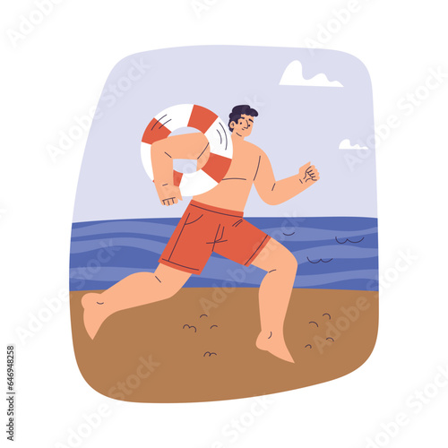 Man Beach Lifeguard Character Running Fast with Lifebuoy Vector Illustration