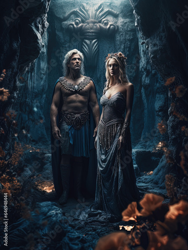 Hades and Persephone in the underworld or hell. AI generated image.