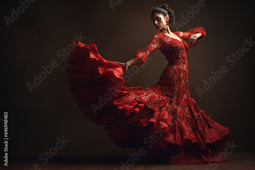 AI generated image. Beautiful flamenco dancer in red dress and dark background. photo