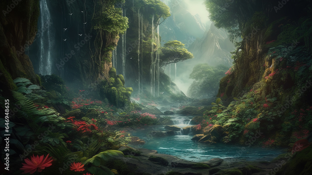 custom made wallpaper toronto digitalGenerative AI. Fascinating painting of a fantasy landscape of a jungle with waterfalls.