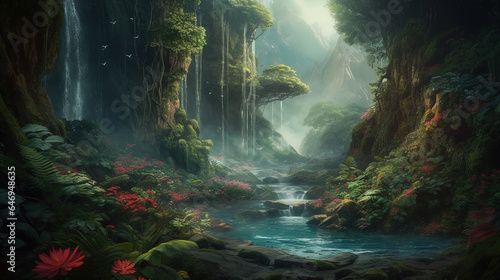 Generative AI. Fascinating painting of a fantasy landscape of a jungle with waterfalls.