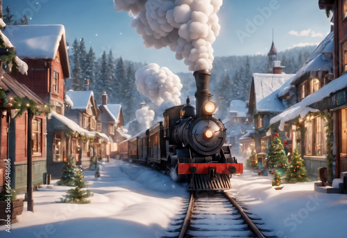 Christmas train going through village. Generative AI