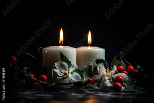 AI generated image. Romantic burning white candles  white flowers and mistletoe on black background