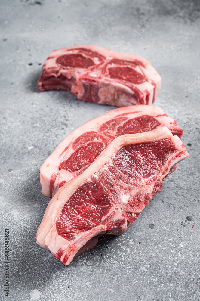 Raw fresh meat lamb mutton saddle. Gray background. Top view