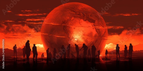 Silhouetted People Gather Around a Globe at Sunset in an Aggressive Digital Illustration  Portraying the Urgency of Global Warming  Heatwaves  and the Ongoing Climate Crisis
