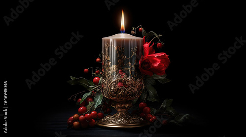 AI generated image. Romantic black candle with golden engraving and mistletoe