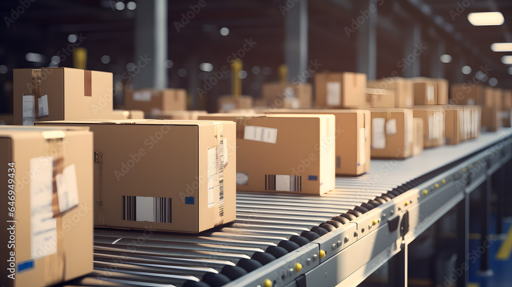 Conveyor belt in sorting center. Boxes and parcels are moved along the belt for further dispatch to recipients. Conveyor belt in sorting center. Boxes and parcels are moved along the belt for further dispatch to recipients.
