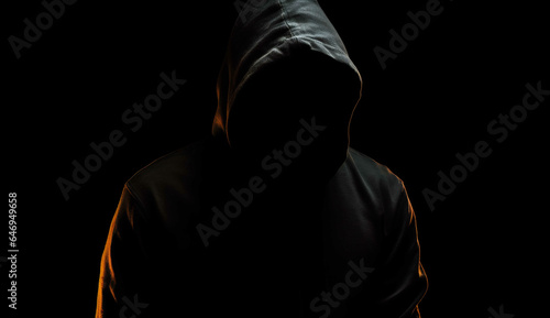 Hooded man on black background, AI generative, darkness, silhouette