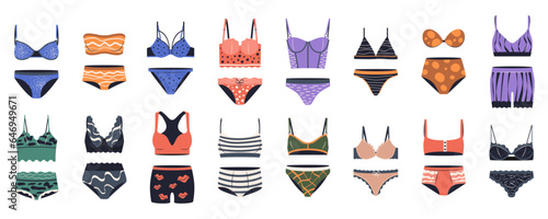 Bundle of female lingerie sets isolated on white background. Collection of elegant undergarments, sexy underwear, bras, bikini and panties for women. Colorful flat vector illustration.
