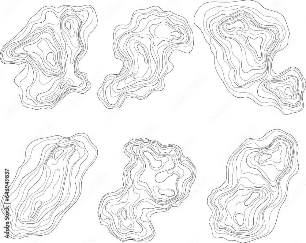 Set of abstract topographic map design elements. Contour map concept. Thin wavy lines hand drawn.